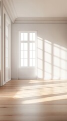 Fototapeta premium Sunlit empty room with clean white walls and large window creating beautiful patterns of light and shadows across the polished wooden floor, highlighting a minimalist design.
