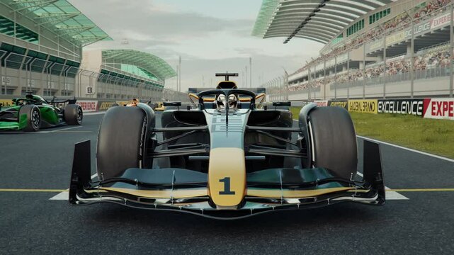 Zoom out of number 1 to reveal a generic race car starting from pole position. Low to high angle view. 3d animation rendering. New 2025 black and gold race car design