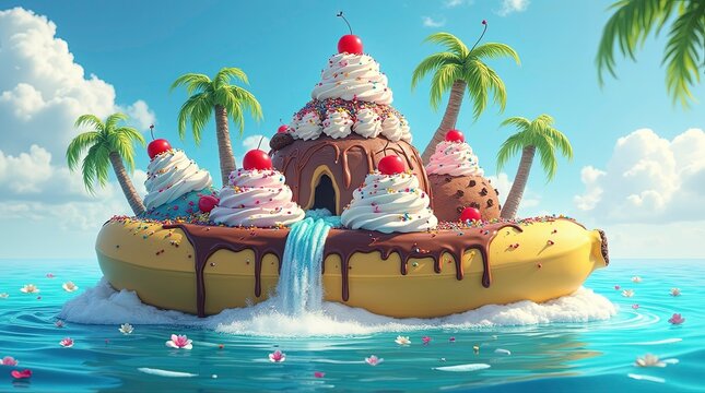 A Delicious Fantasy Cake Island Surrounded by Water and Ships under the bluey sky, a beautiful scene