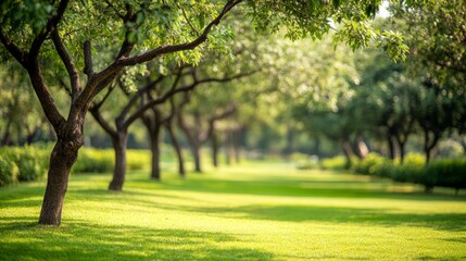 Fototapeta premium Sunlit garden trees with soft bokeh, a serene escape into nature's warmth. 