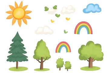 Naklejka premium A vector illustration depicts a set of four seasonal trees against a sky with clouds and sun, showcasing the landscape's nature through spring flowers, summer leaves, autumn hues, and winter branches