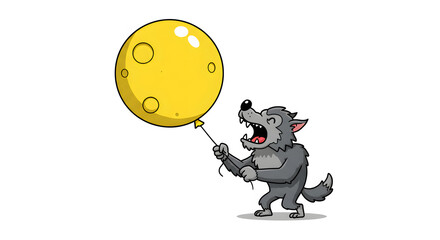 Wolf and Balloon: A whimsical cartoon wolf playfully clutches a round, golden balloon, reminiscent of the moon, adding a touch of magic and imagination to a simple scene. 