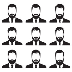 Set bearded men faces hipsters with haircuts. Vector Black silhouettes. with white background