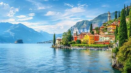 Obraz premium Colorful Italian Lakeside Town, Boats, Mountains, Sunny Day, Travel