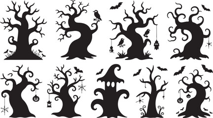 Fototapeta premium Creepy twisted Halloween tree silhouettes in vector style, spooky bare branches perfect for haunted