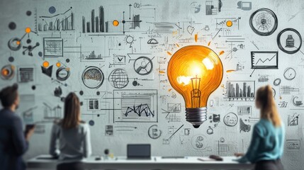 Creative Brainstorming Session with Light Bulb and Charts on Wall
