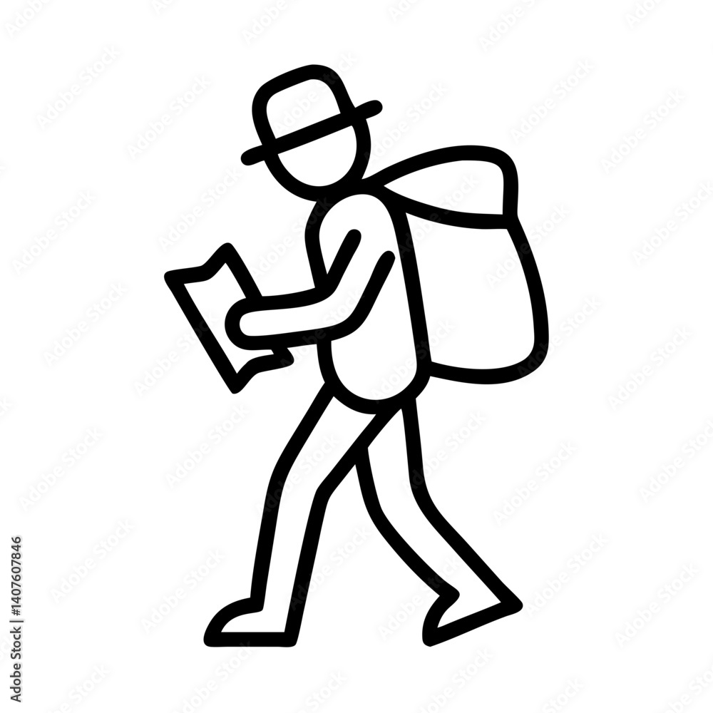 Poster man with hat and bag reading map line icon