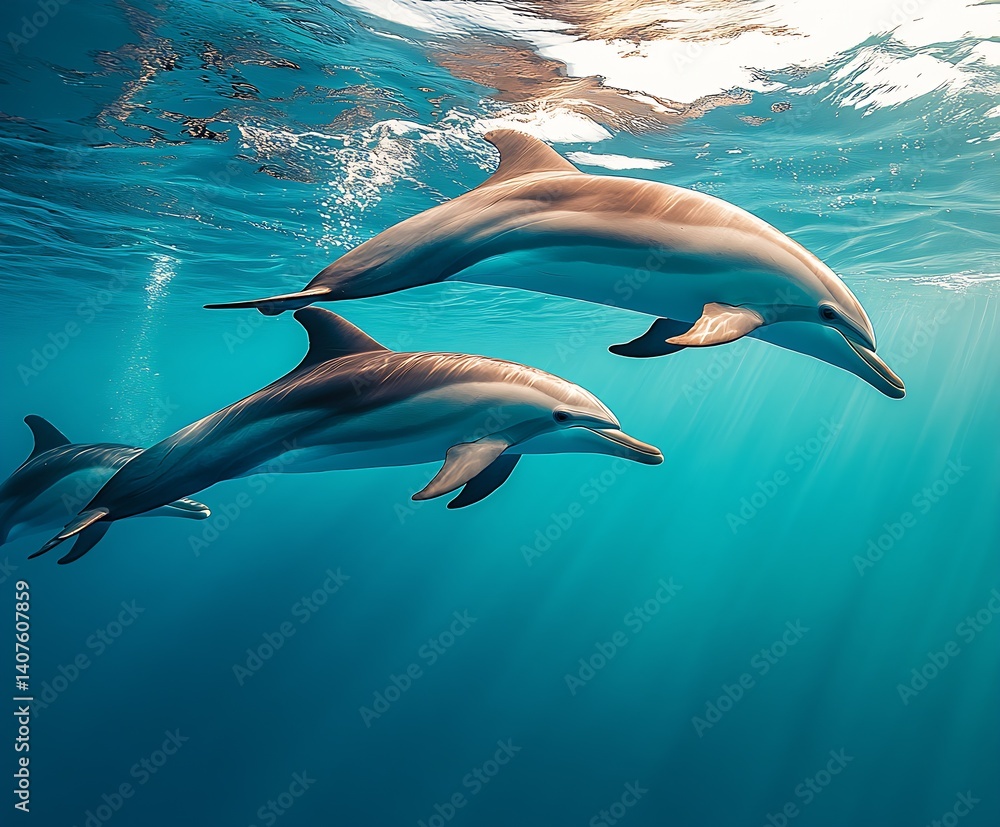 Aufkleber dolphins gliding effortlessly through sunlit ocean waters presenting a serene underwater scene : gen