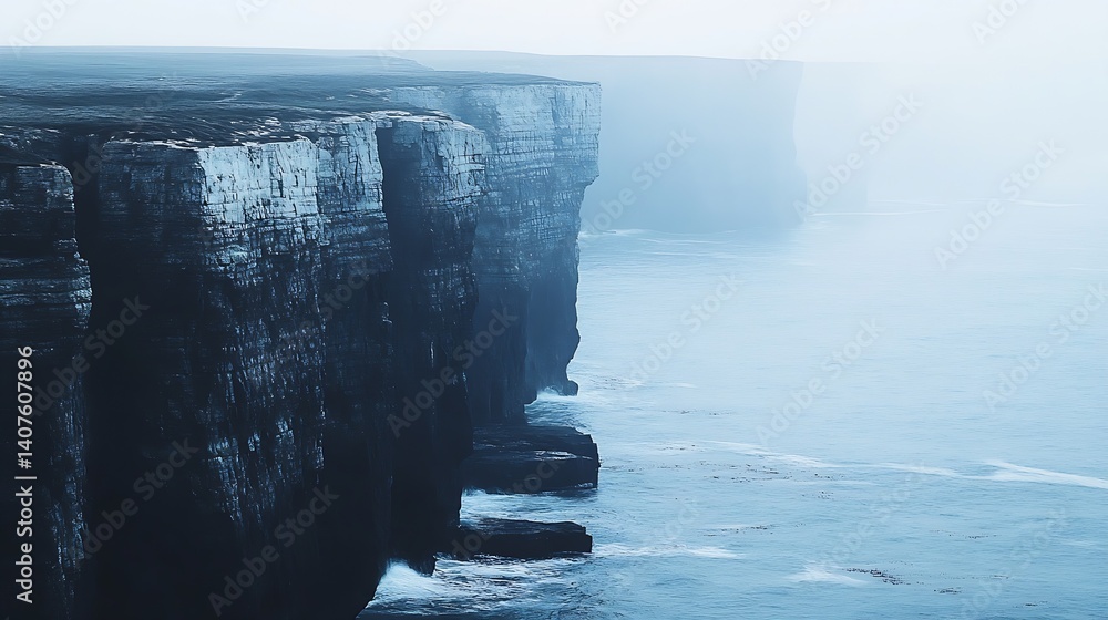 Aufkleber foggy cliffs by the ocean with waves crashing against the rocky shoreline in harmonious beauty : gen