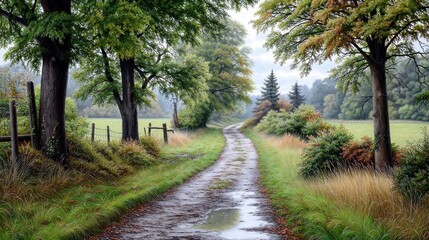 Naklejka premium Rainy Day on a Country Road Lush Green Fields and Trees