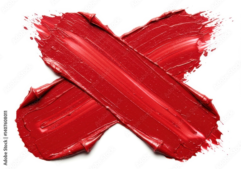 Poster two strokes of red paint crossing each other on a white background creating an x shape visually stri