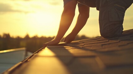 Construction worker placing shingles on a roof. Featuring care and expertise