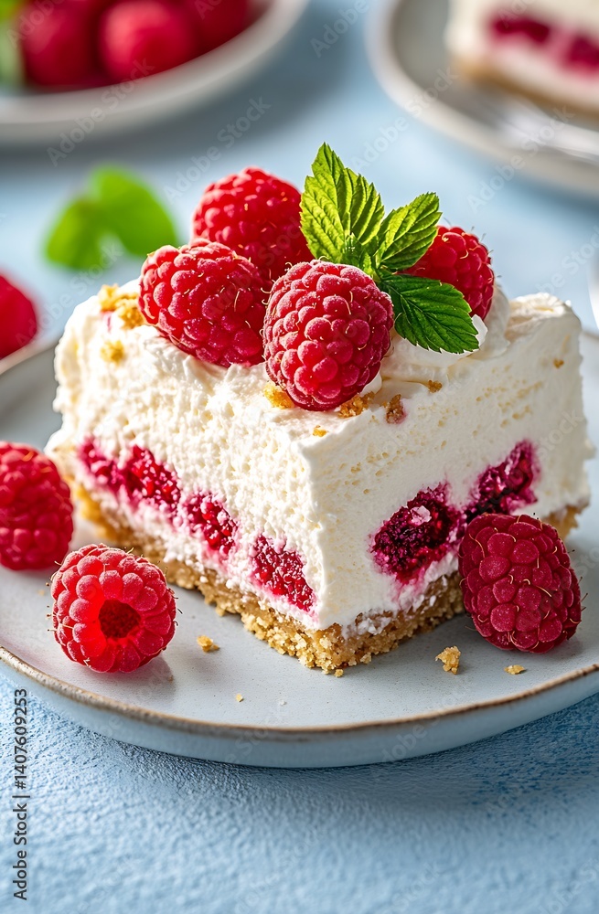 Poster delicious raspberry dessert with creamy filling and fresh fruits on a light blue background : genera
