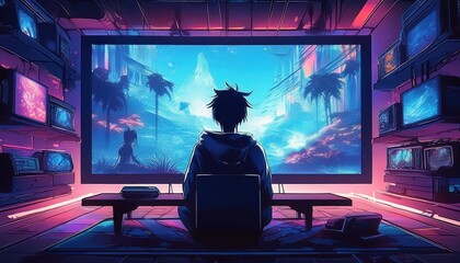 Otaku Silhouette Immersed in Cyberspace Anime TV Room Glowing Amidst Neon Vibrancy, Embracing Retro Futurism at Dusk