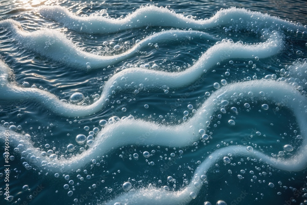 Poster close-up view of frothy bubbles creating rhythmic wave patterns on a blue water surface with sunligh