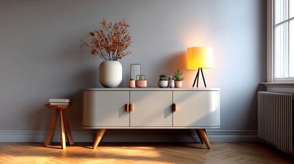 Stylish mid-century console table with plants, lamp, and books