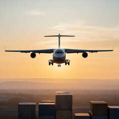 Express air delivery jet taking off at sunset with packages and supply containers