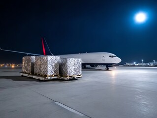 Freight airplane at night with cargo being transferred, global logistics concept