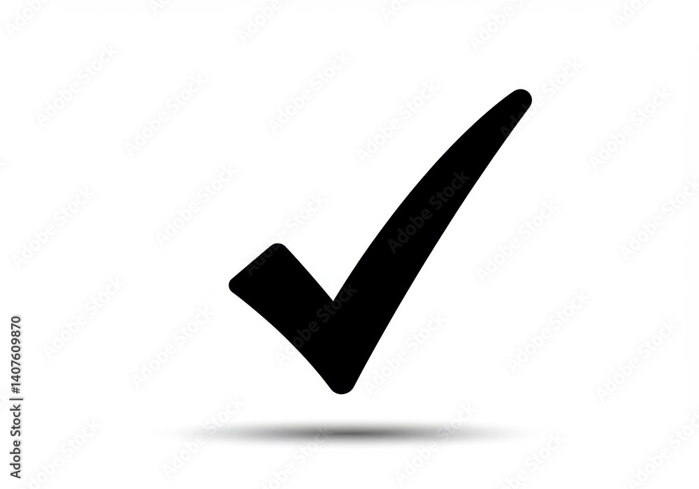 Poster a simple black check mark on a white background casting a faint shadow on the surface below it