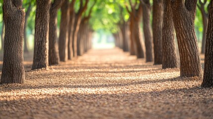 Sunlit garden trees with soft bokeh, a serene escape into nature's warmth.
