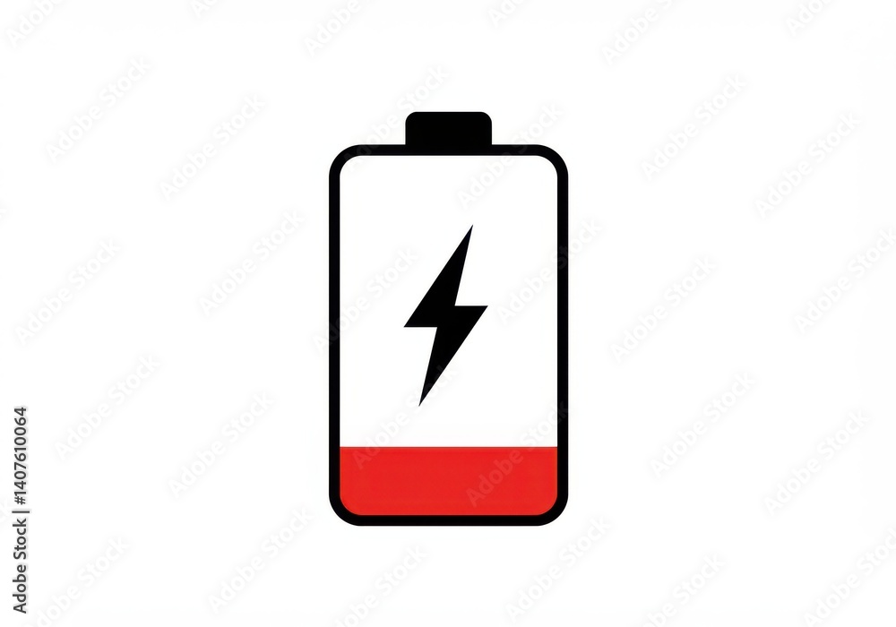 Poster illustration of a battery with a lightning bolt indicating low charge and red indicator at the botto