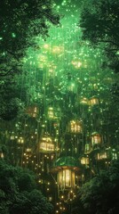 Obraz premium Enchanting treetop village glowing under a green night