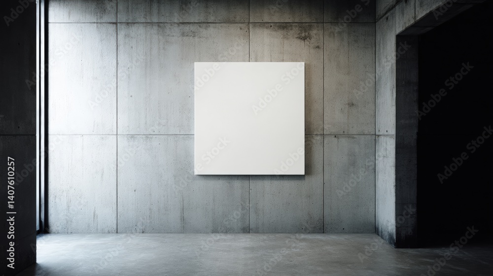 Poster a minimalist gallery space featuring a blank canvas on a concrete wall, emphasizing simplicity and m