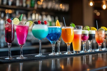 "Colorful Tropical Cocktails with Fruit Garnishes – Vibrant Bar Counter Mixology""Discover a vibrant lineup of colorful cocktails and tropical drinks on a high-end bar counter. 


