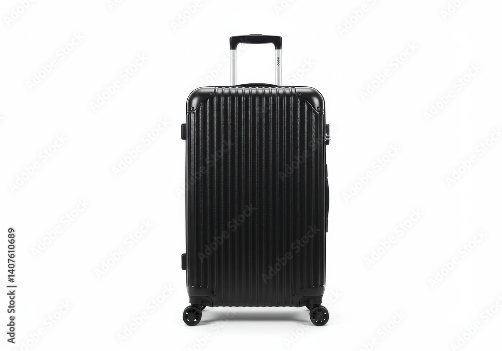 Poster a front view of a black suitcase with a silver handle standing on a white background in a studio sho
