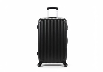 Fototapeta premium A front view of a black suitcase with a silver handle standing on a white background in a studio shot