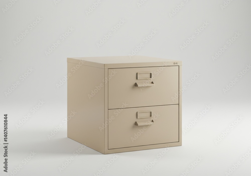 Poster a light brown two drawer filing cabinet sits against a plain white background in a studio setting