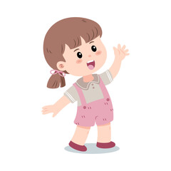 A cheerful little girl with a ponytail happily waves hello. Vector illustration isolated on a white background.