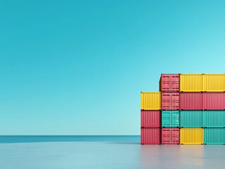 Obraz premium Side view of large container ship with stacked cargo containers, blue sea background