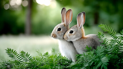 Two adorable bunnies cuddling amidst lush greenery