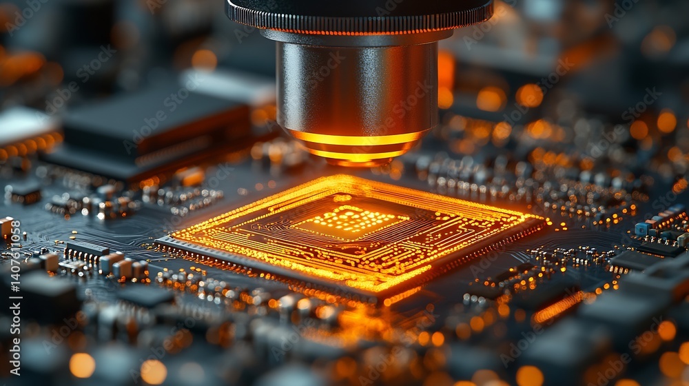 Aufkleber Close-up of a computer microchip being scanned by advanced technology highlighting electronics and innovation : Generative AI