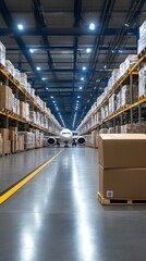 Warehouse ramp connecting to air cargo plane with packages in motion