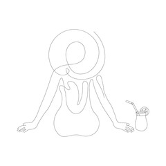 Continuous line drawing Young woman with a cocktail on the beach sitting. summer vacation Line art vector illustration. Young woman Relaxing Summer. Drawing Travel Royalty vector and line art