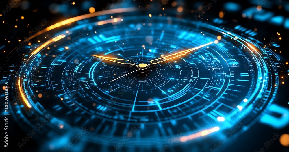 Fototapete Advanced clock interface displaying glowing lights and intricate data visualization : Generative AI