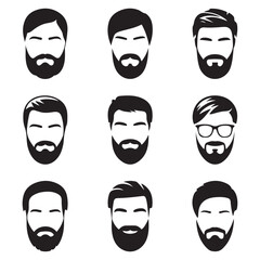 Set bearded men faces hipsters with haircuts. Vector Black silhouettes. with white background