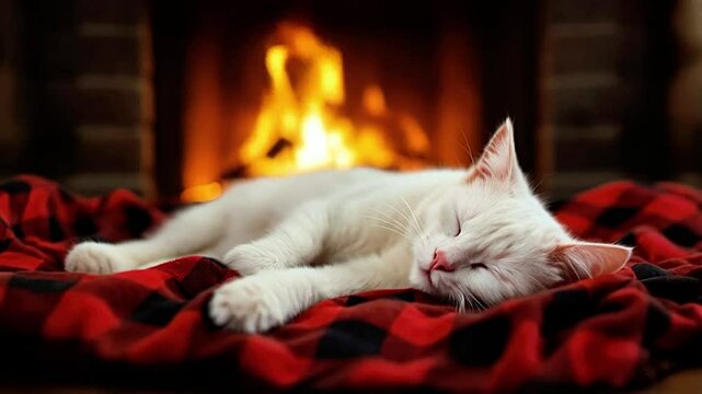 White cat sleeping by a warm fireplace