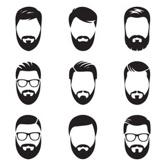 Set bearded men faces hipsters with haircuts. Vector Black silhouettes. with white background
