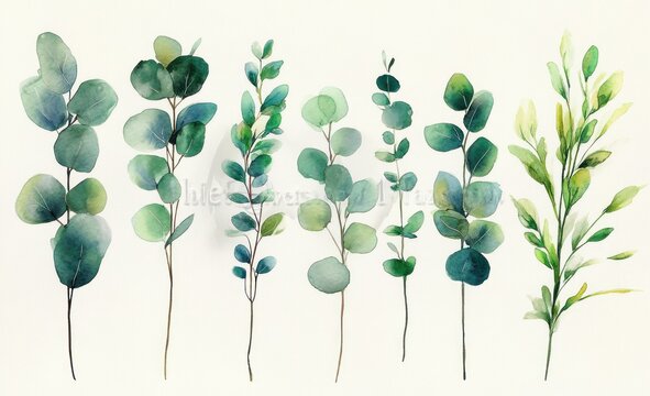 watercolor eucalyptus leaves, green botanical branches clip art preview