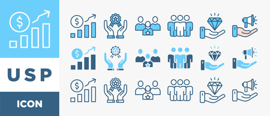USP icon set with various styles and colors unique, sale, consumer, benefits, branding, and marketing	