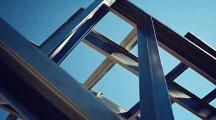 Construction worker positioning a steel frame for a building. Featuring precision and coordination