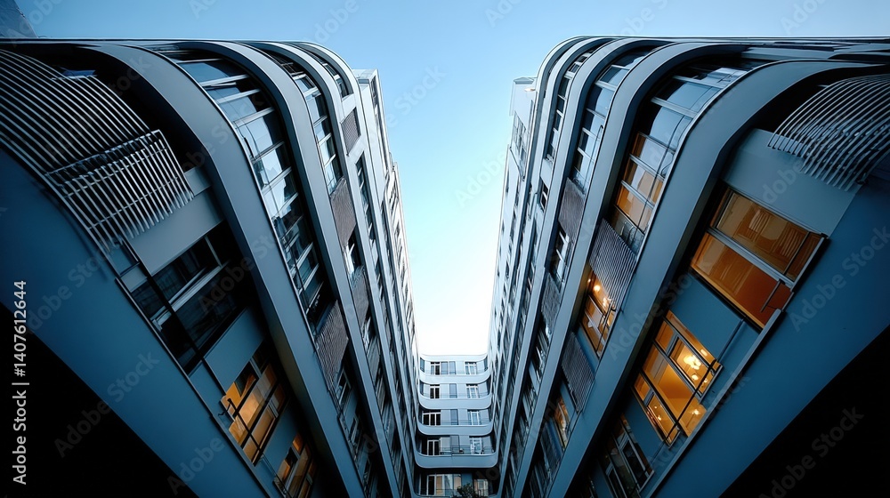 Poster a modern architectural view showcasing sleek buildings with curved designs and illuminated windows a
