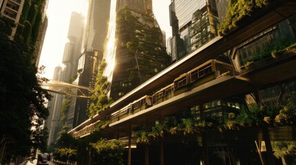 Naklejka premium Eco-Friendly Vertical Gardens on Modern Skyscrapers with Solar Panels and Green Skybridges, Electric Tram Commuting Below in Golden Hour Sustainable Cityscape