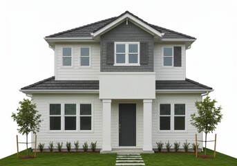 Fototapeta premium A modern two story house with white siding gray accents and a well manicured lawn on a clear day