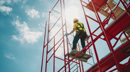 Construction worker positioning scaffolding for height work. Featuring teamwork and planning