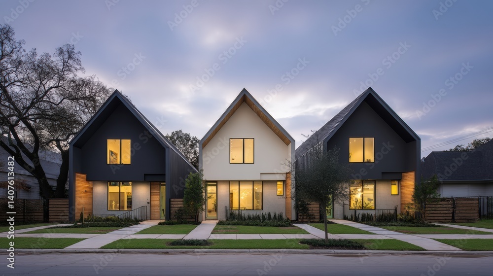 Poster a row of modern houses with unique triangular roofs, showcasing contemporary architecture, illuminat