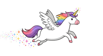Magical Unicorn Flight: A whimsical unicorn with rainbow mane and tail soars through the air, leaving a trail of shimmering stars in its wake. The mythical creature’s wings beat gracefully.